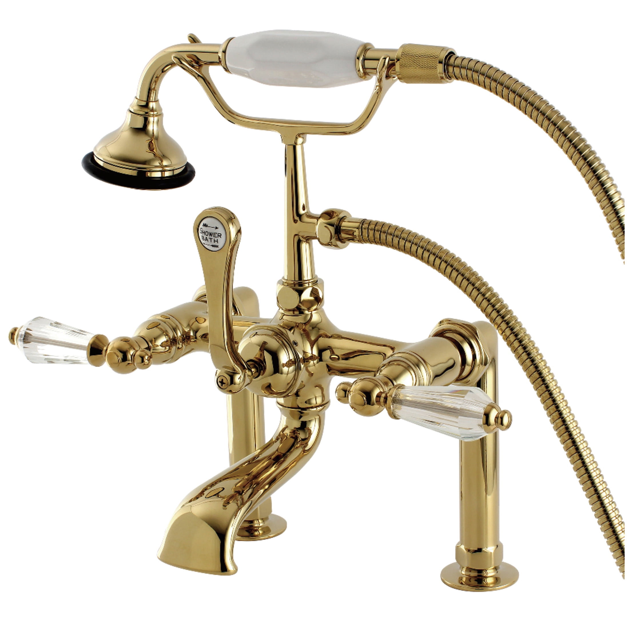 Kingston Brass AE103T2WLL Wilshire Three-Handle 2-Hole Deck-Mount Clawfoot Tub Faucet with Hand Shower in Polished Brass