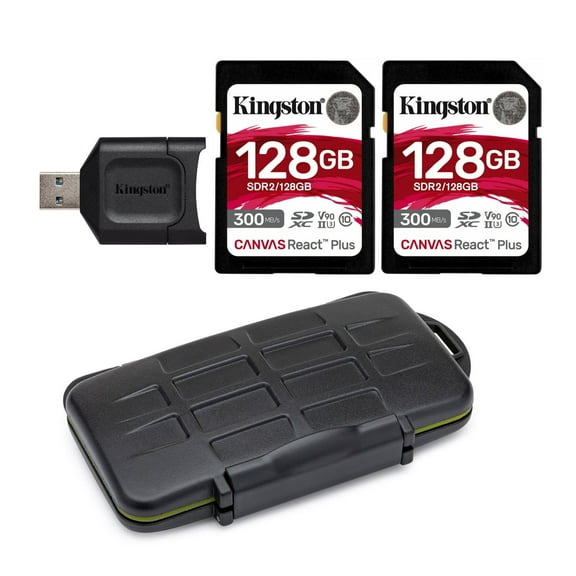 Kingston Canvas React Plus 128GB U3 V90 SDXC UHS-II SD Card (2-Pack) Bundle