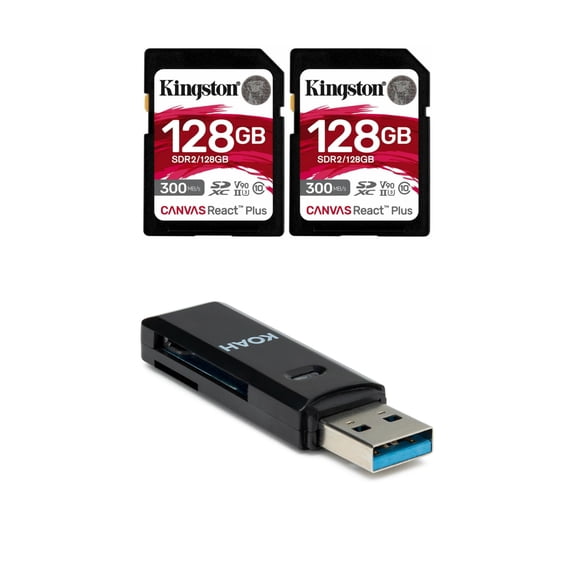 Kingston Canvas React Plus 128GB U3 V90 SDXC UHS-II SD Card (2-Pack) Bundle