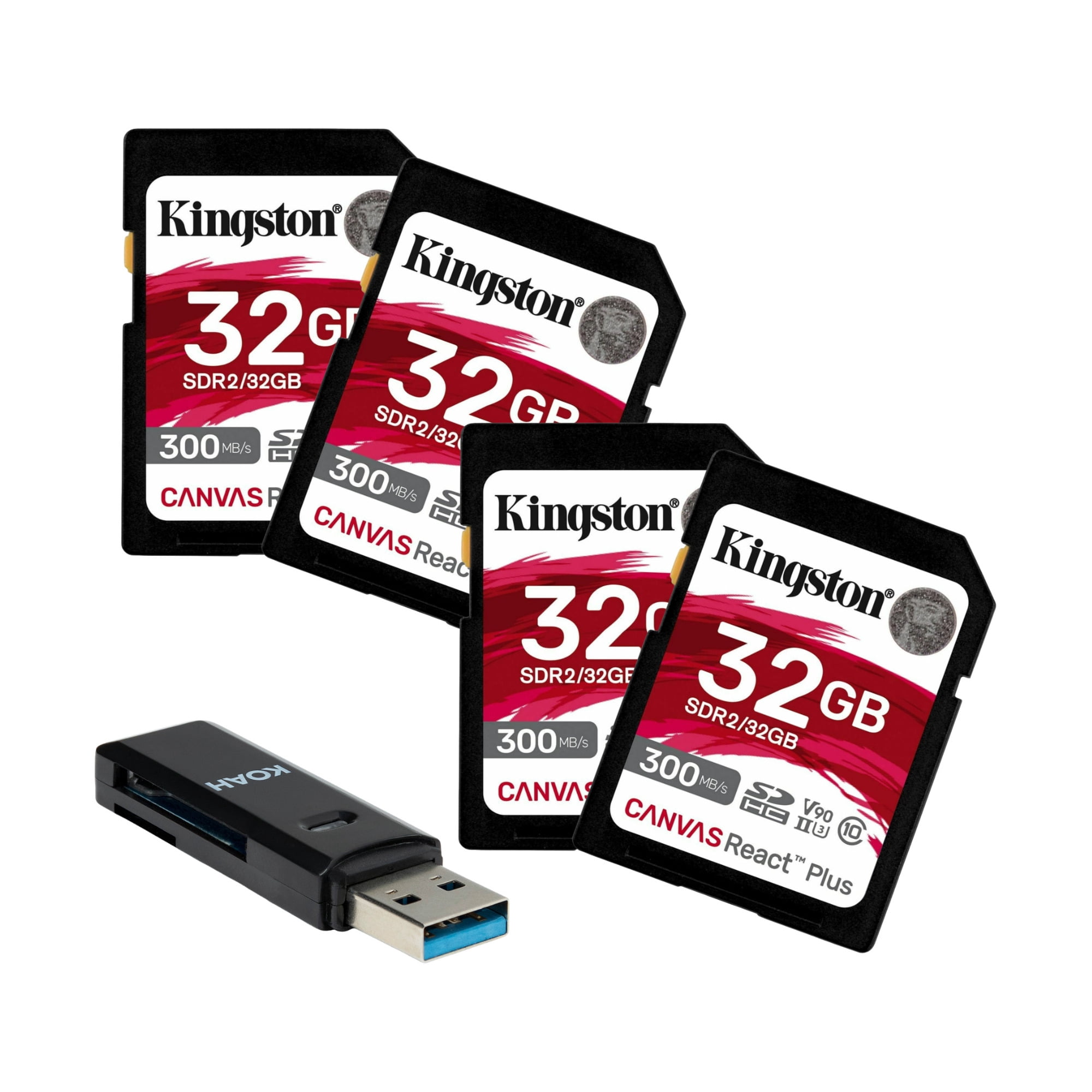 Kingston Canvas React Plus 32GB U3 V90 SD Memory Card Bundle with Card Reader (5 Items)