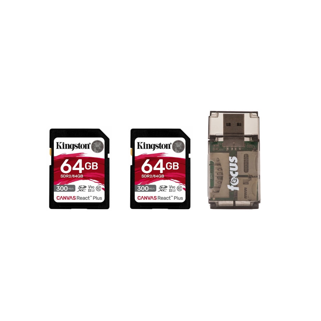 Kingston Canvas React Plus 64GB U3 V90 SD Card (2-Pack) Bundle with Focus All-In-One High Speed Card Reader (3 Items)