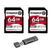 Kingston Canvas React Plus 64GB U3 V90 SD Card (2-pack) with Card Reader Bundle