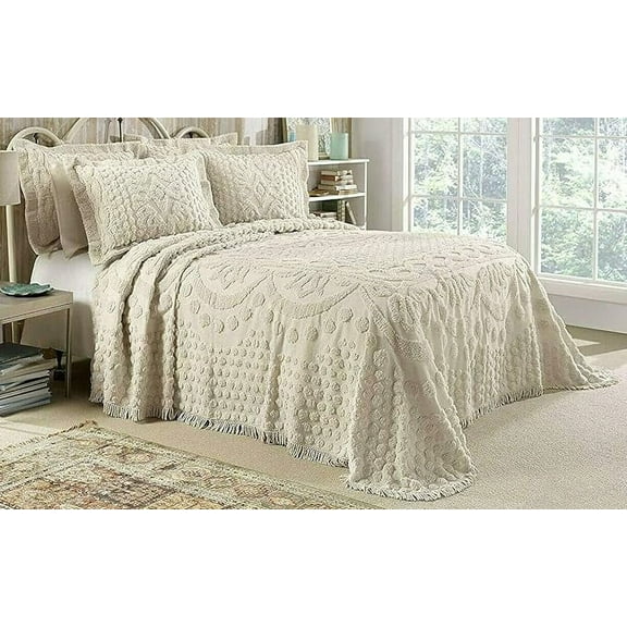 Kingston Chenille Tufted Bedspread And Pillow Sham Set, All Cotton, King Size, Beige