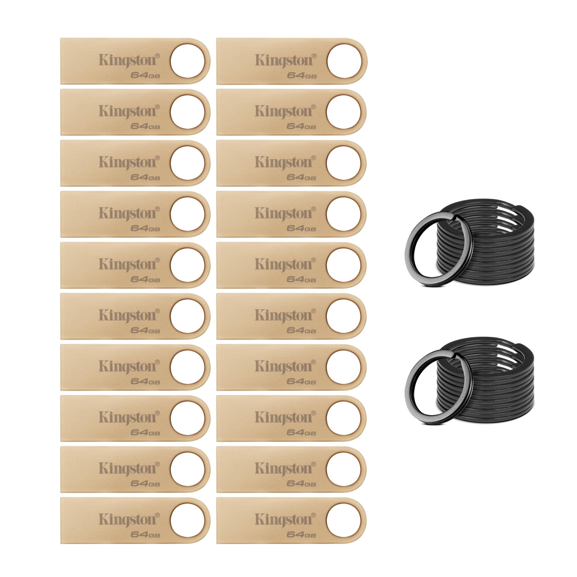 Kingston DataTraveler SE9 G3 USB 3.2 Gen 1 Flash Drive with 220MBPS Read Speed (64GB, 20-Pack) Bundle with Focus Camera Stainless Steel Keyring Set with Durable Keychain Rings (10-Pack) (21 Items)