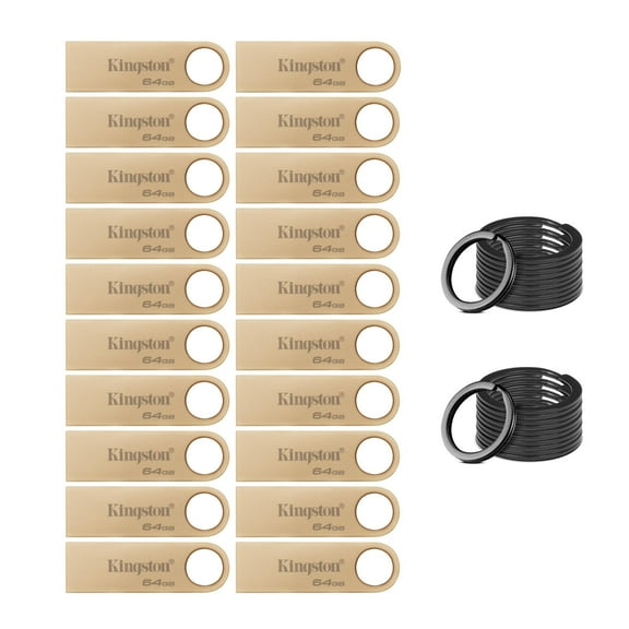 Kingston DataTraveler SE9 G3 USB 3.2 Gen 1 Flash Drive with 220MBPS Read Speed (64GB, 20-Pack) Bundle with Focus Camera Stainless Steel Keyring Set with Durable Keychain Rings (10-Pack) (21 Items)