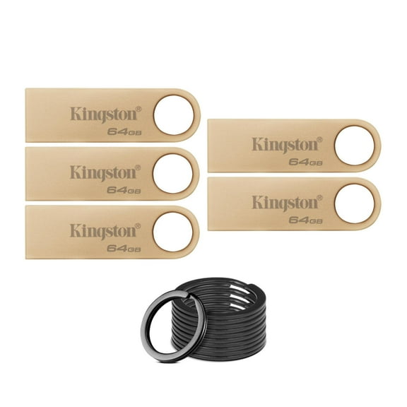 Kingston DataTraveler SE9 G3 USB 3.2 Gen 1 Flash Drive with 220MBPS Read Speed (5-Pack) Bundle with Stainless Steel Keyring Set (6 Items)
