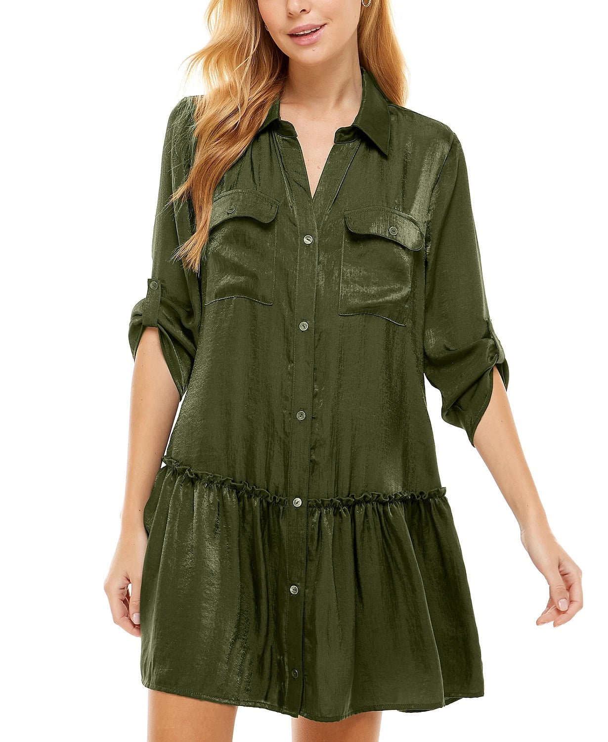 Kingston Grey OLIVE Juniors' Ruffled-Hem Shirtdress, US X-Small