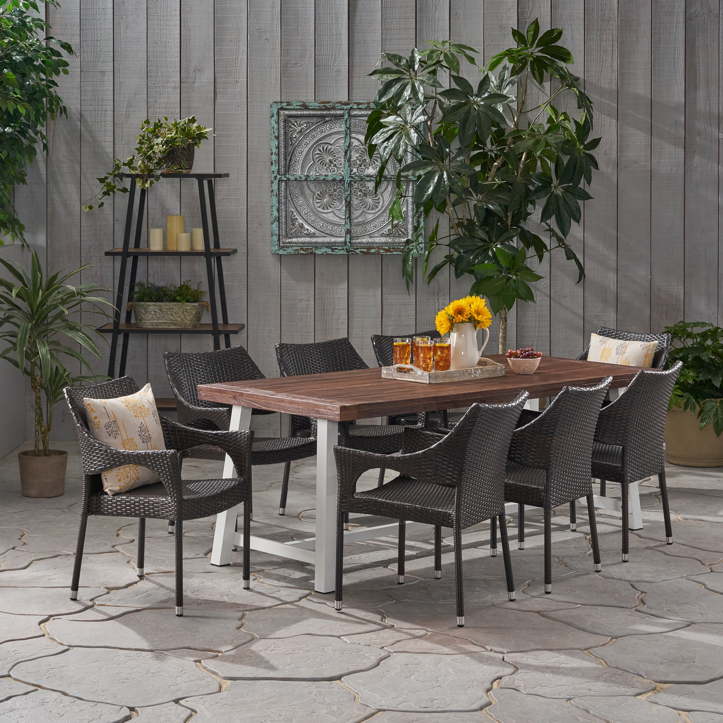 Kingston Outdoor Wood and Wicker 8 Seater Dining Set, Dark Brown and Multibrown