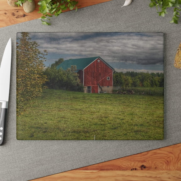 U R There Photography Kingston Plain Road Cow Barn Rustic Farmhouse Tempered-Glass Cutting Board 11"x 15"