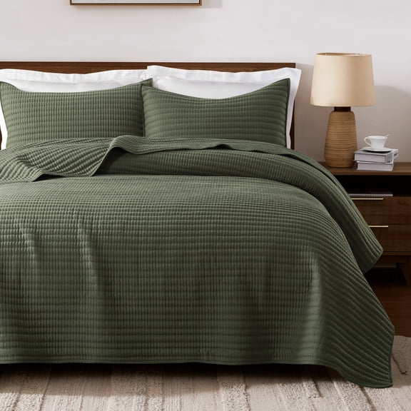 WDCOZY Queen Size Quilt Set – Green Striped Pick Stitch Soft Lightweight Bedspread, Textured Coverlet, Farmhouse Country Rustic Bedding with 2 Pillow Shams, 3 Pieces