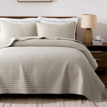 WDCOZY Queen Size Quilt Set – Wheat Striped Pick Stitch Soft Lightweight Bedspread, Textured Coverlet, Farmhouse Country Rustic Bedding with 2 Pillow Shams, 3 Pieces