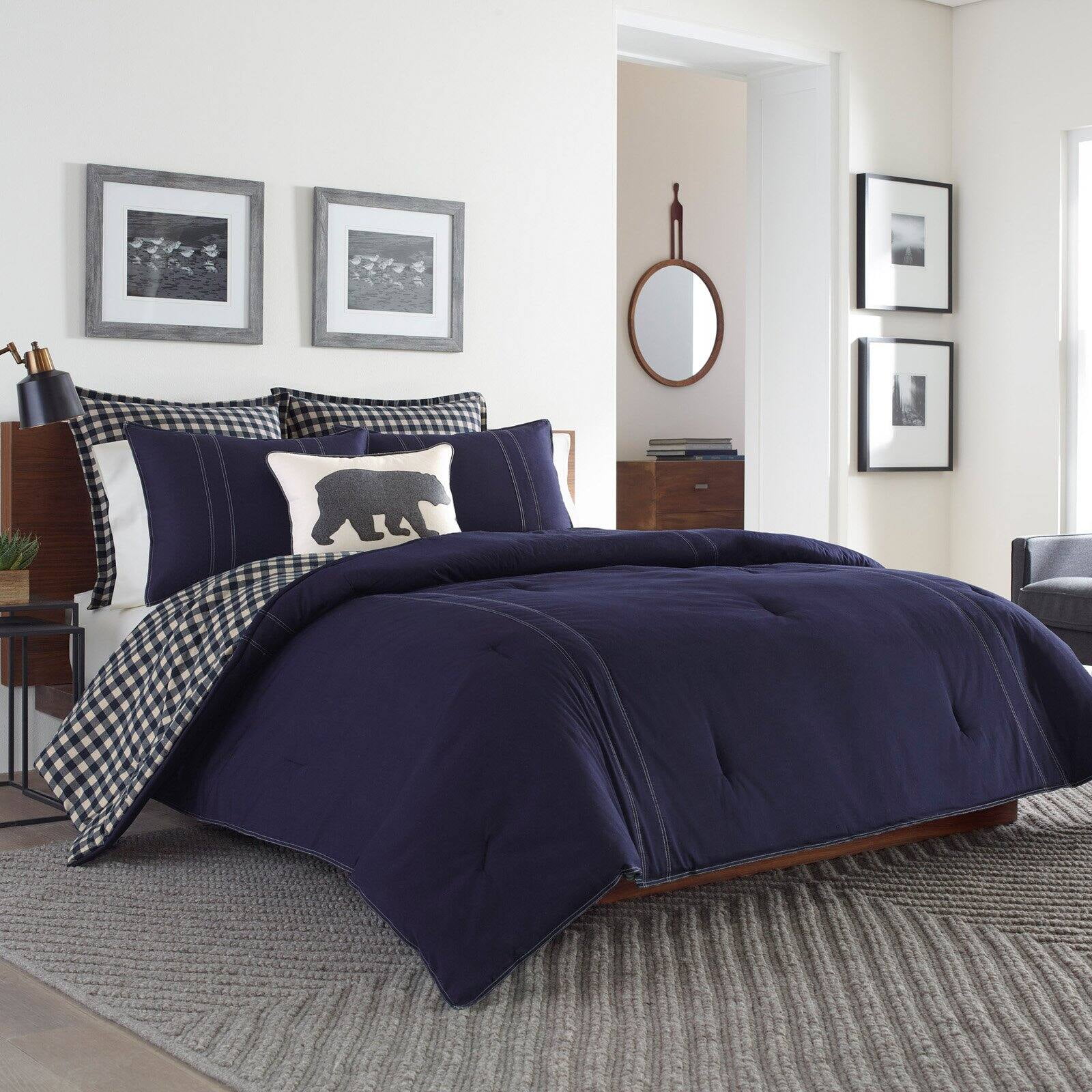 Navy Cotton Twin Reversible Comforter Set with Sham