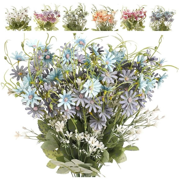 Kingswick 3 Bundles Artificial Wildflowers Daisy Fake Silk Flower Greenery Wild Bouquets UV Resistant Faux Plastic Plants for Outdoor Indoor Spring Summer Home Decoration,Blue