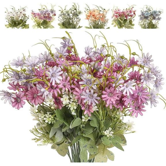 Kingswick 3 Bundles Artificial Wildflowers Daisy Fake Silk Flower Greenery Wild Bouquets UV Resistant Faux Plastic Plants for Outdoor Indoor Spring Summer Home Decoration,Purple