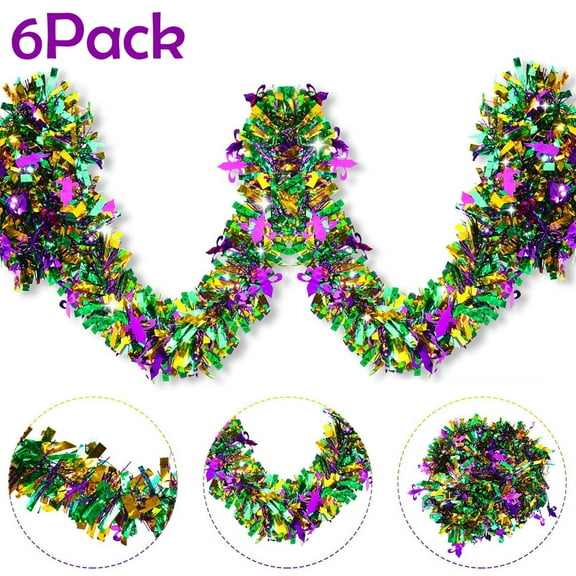 Kingswick 6pcs Mardi Gras Decorations Garland 6.56ft Tinsel PET Hanging Party Accessory Streamers Green Gold Purple Metallic Glittering Garland Decor