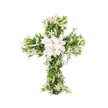 Kingswick Easter Cross Wreath for Front Door Artificial Plant Easter Cross Garland with Lily Spring Rustic Home Door Wall Church Easter Decoration Wreaths