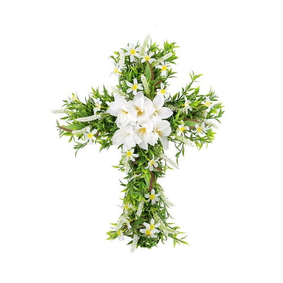 Kingswick Easter Cross Wreath for Front Door Artificial Plant Easter Cross Garland with Lily Spring Rustic Home Door Wall Church Easter Decoration Wreaths