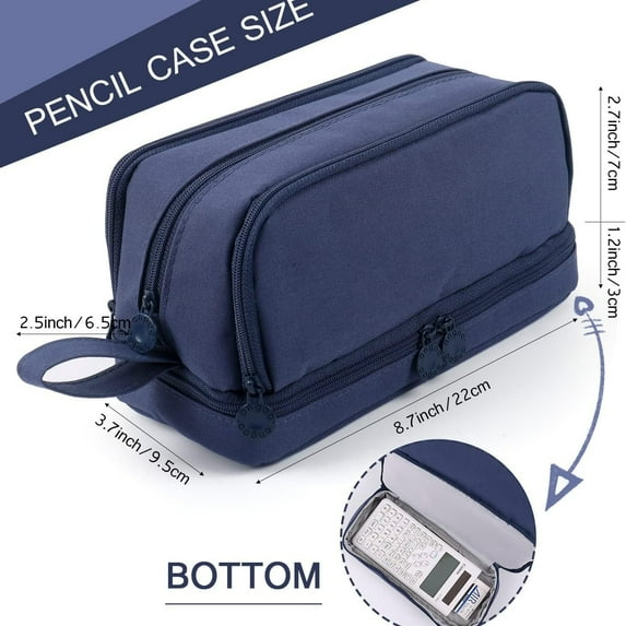 Kingswick Large Capacity Pencil Case 4 Compartments, Pencil Case with Zipper Portable Handle (Dark blue)