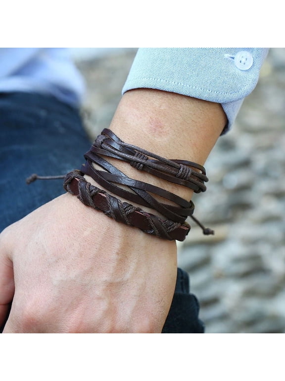 Men's Bracelet 6-piece Set Vintage Leather Braided Rope Bracelet, Men's Bracelet Personalized Bracelet Men's Leather Bracelet Multi layer Rope Bracelet Black
