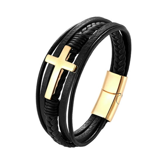 Kingswick Stainless Steel Bracelet Men Cross Bracelet Jewelry Retro Leather Braided Bangle, Leather bracelet with magnetic buckle, Christian bracelet,multi-layer woven bracelet ﻿