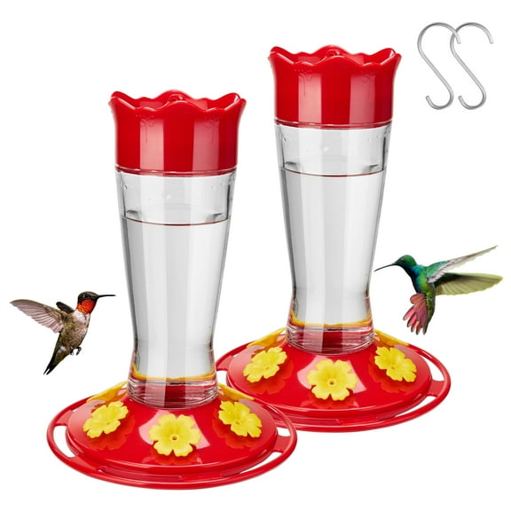Kingsyard 6 Bee Guard Feeding Ports Glass Hummingbird Feeder with Built-in Ant Moat, Updated Red, 14 oz Capacity (2 Pack)