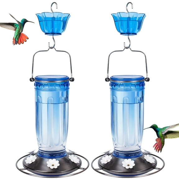 Kingsyard 2 Pack Glass Hummingbird Feeder with Ant Moat for Outdoors, 16 oz, 6 Feeding Ports, Blue