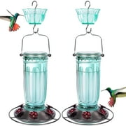 Kingsyard 2 Pack Glass Hummingbird Feeder with Ant Moat for Outdoors, 16 oz, 6 Feeding Ports, Green