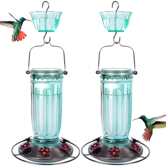 Kingsyard 2 Pack Glass Hummingbird Feeder with Ant Moat for Outdoors, 16 oz, 6 Feeding Ports, Green