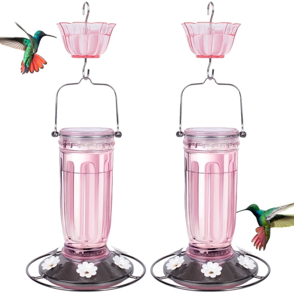 Kingsyard 2 Pack Glass Hummingbird Feeder with Ant Moat for Outdoors, 16 oz, 6 Feeding Ports, Pink