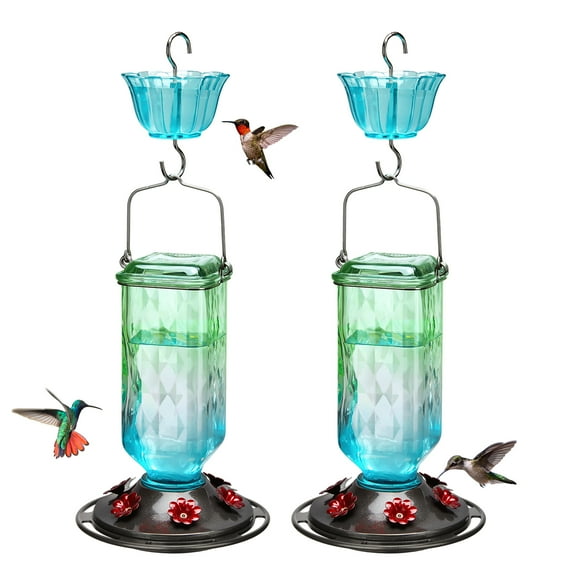 Kingsyard 2 Pack Glass Hummingbird Feeder with Ant Moat for Outdoors, 24 oz, 6 Ports, Green & Blue