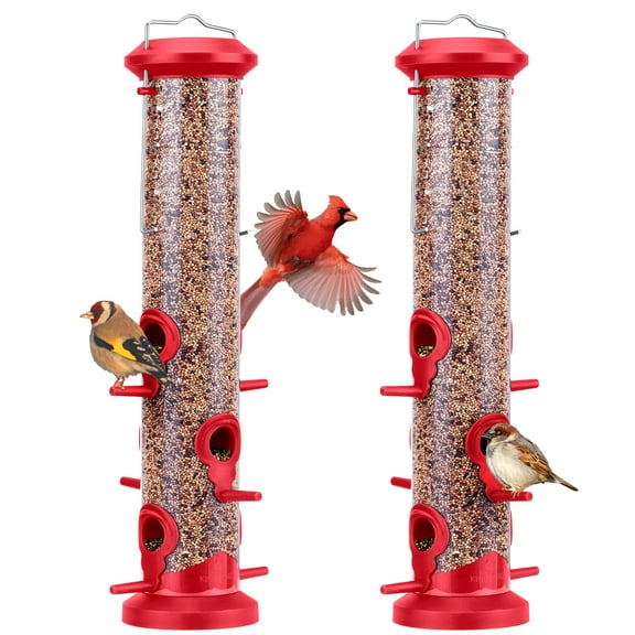 Kingsyard 2 Pack Wild Bird Feeders for Outdoors Hanging, Plastic Tube Feeder, 6 Feeding Ports, Red