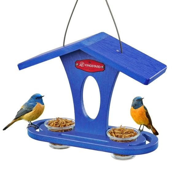 Kingsyard Bird Feeder for Outdoor Hanging, Recycled Plastic Bluebird Feeder, Two Dishes, 5 oz, Blue