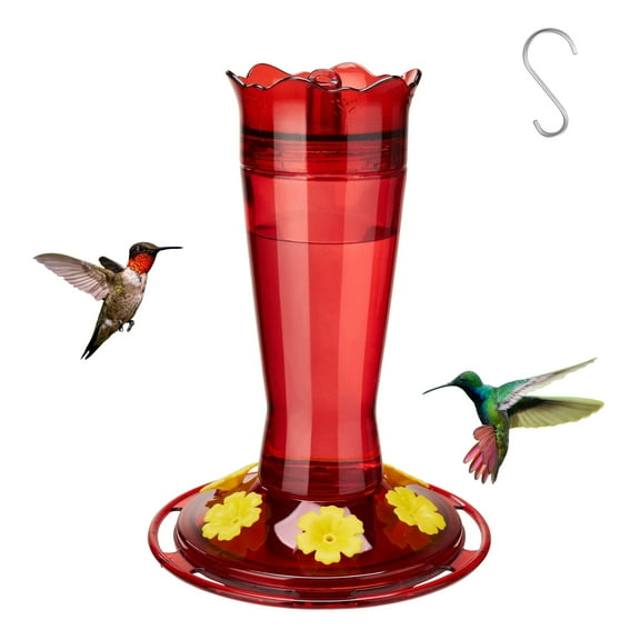 Kingsyard Glass Hummingbird Feeder for Outdoors Hanging - 6 Bee Guard Feeding Ports & Built-in Ant Moat, Wild Bird Feeder for Outside Garden Yard Patio 14 Oz, Red