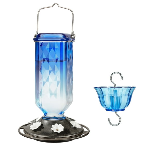 Kingsyard Glass Hummingbird Feeder for Outdoor Garden Hanging, 24 Ounces, Ant Moat Included, Blue