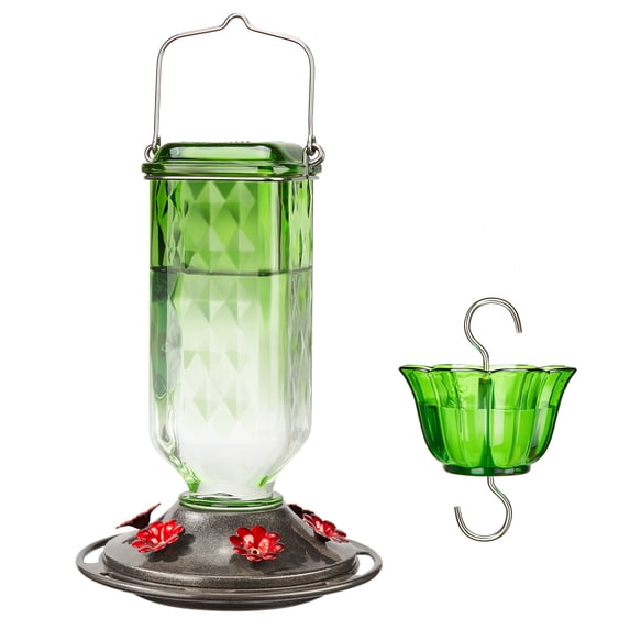 Kingsyard Glass Hummingbird Feeder for Outdoor Hanging, 24 Ounces, Ant Moat Included, Green