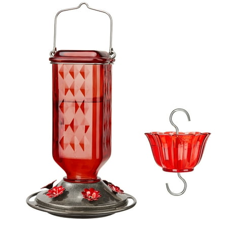 Kingsyard Glass Hummingbird Feeder for Outdoor Hanging, 24 Ounces Nectar, Ant Moat Included, Red