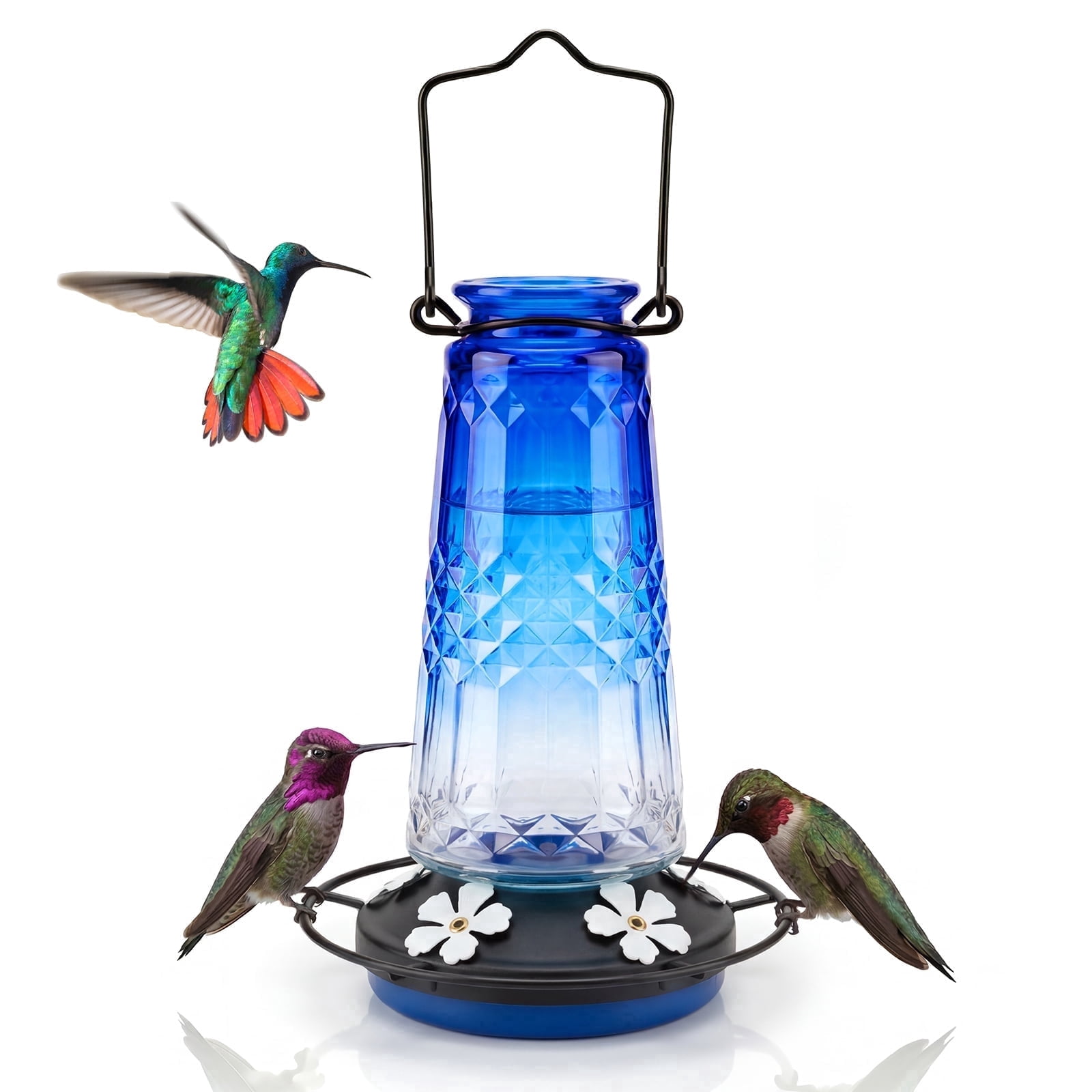 Kingsyard 18.6 oz Blue Glass Hummingbird Feeder, 5 White Ports, Ant Moat Included
