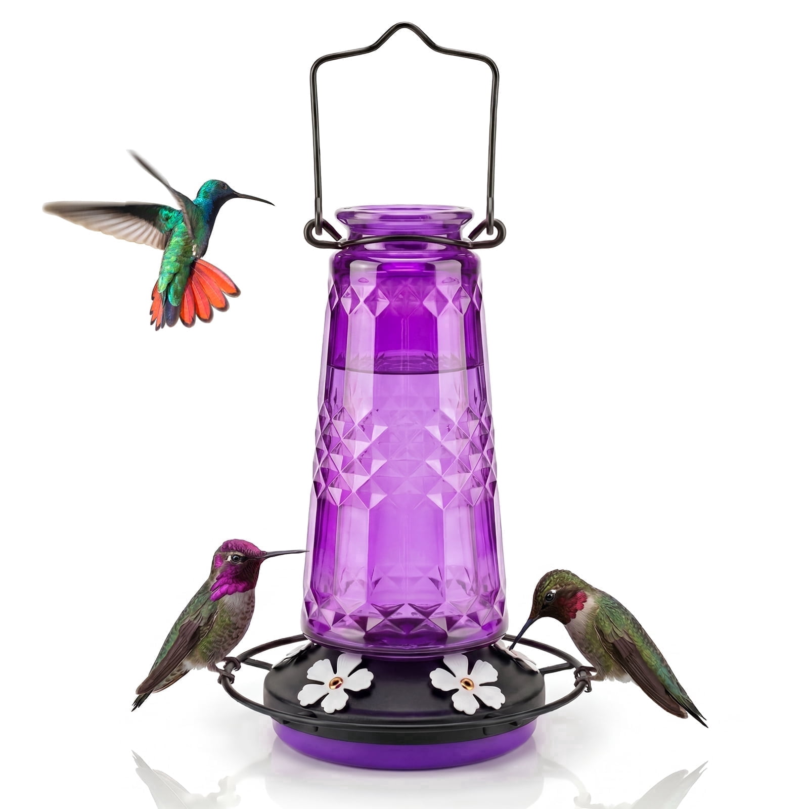 Kingsyard 18.6 oz Purple Glass Hummingbird Feeder, 5 White Ports, Ant Moat Included