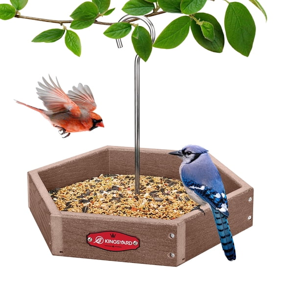 Kingsyard Heavy Duty Hanging Platform Bird Feeder Weatherproof, Recycled Plastic Tray with Metal Mesh Screen, Easy Clean Outdoor Feeder for Cardinals Bluebirds Wild Birds, Brown