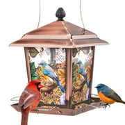 Kingsyard Hopper Metal Wild Bird Feeder for Outdoor Hanging with 4 Perches Waterproof Roof, Bronze
