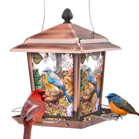 Kingsyard Hopper Metal Wild Bird Feeder for Outdoor Hanging with 4 Perches Waterproof Roof, Bronze