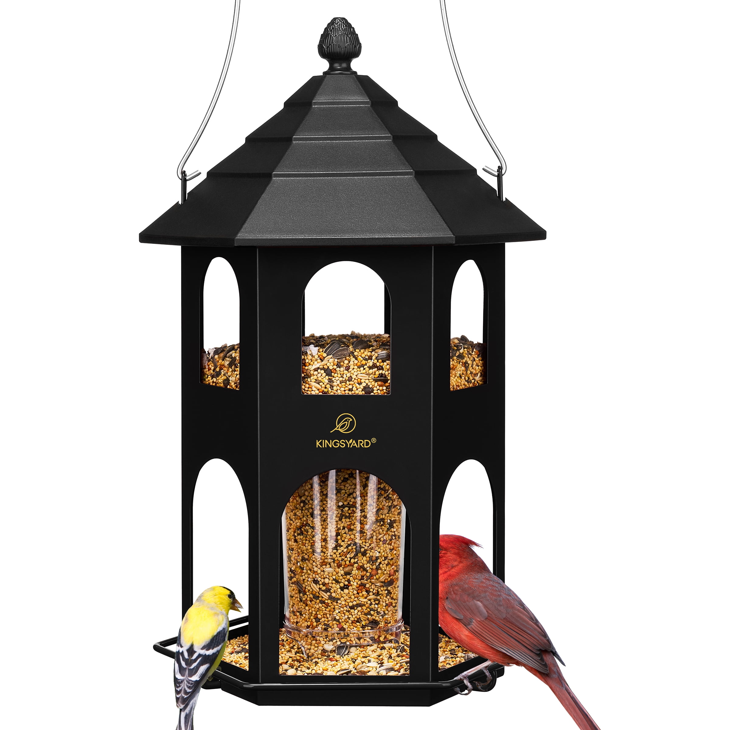 Kingsyard Hopper Wild Bird Feeder for Outdoor Hanging, 4 lbs Large Seed Feeding Metal House, Black
