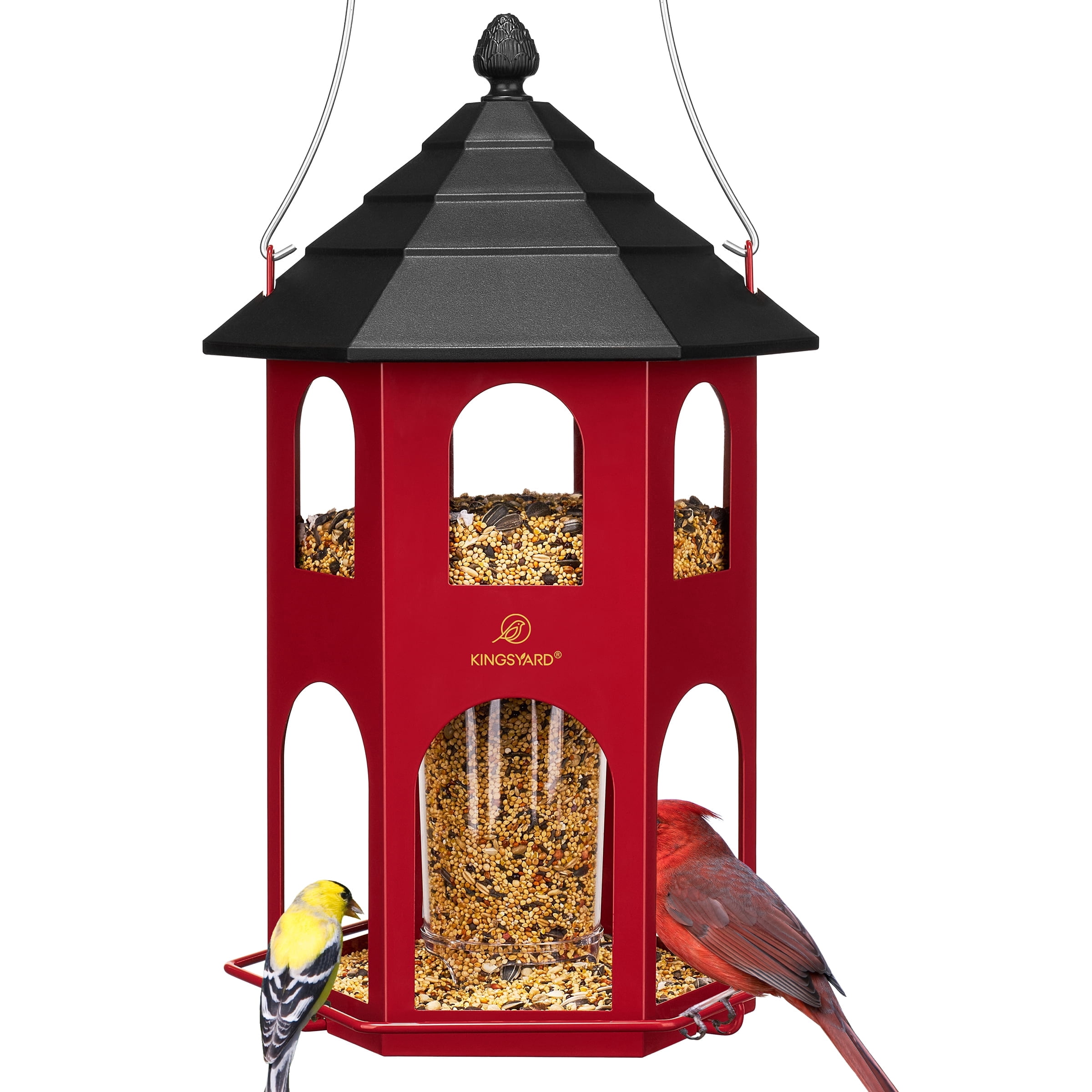 Kingsyard Hopper Wild Bird Feeder for Outdoor Hanging, 4 lbs Large Seed Feeding Metal House, Red
