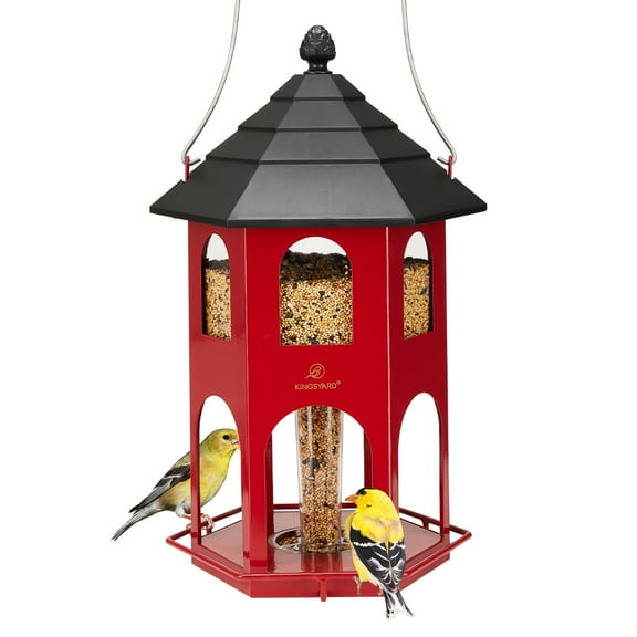 Kingsyard Hopper Wild Bird Feeder for Outdoor Hanging, 4 lbs Large Seed Feeding Metal House, Red