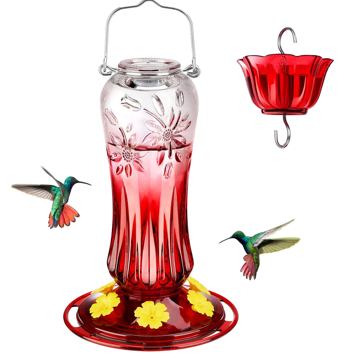 Kingsyard Hummingbird Feeder for Outdoors Hanging, 25 Ounces Leak Proof, Glass Humming Bird Nectar Feeder with Ant Moat & 6 Bee Guard Feeding Ports, Red Gradient