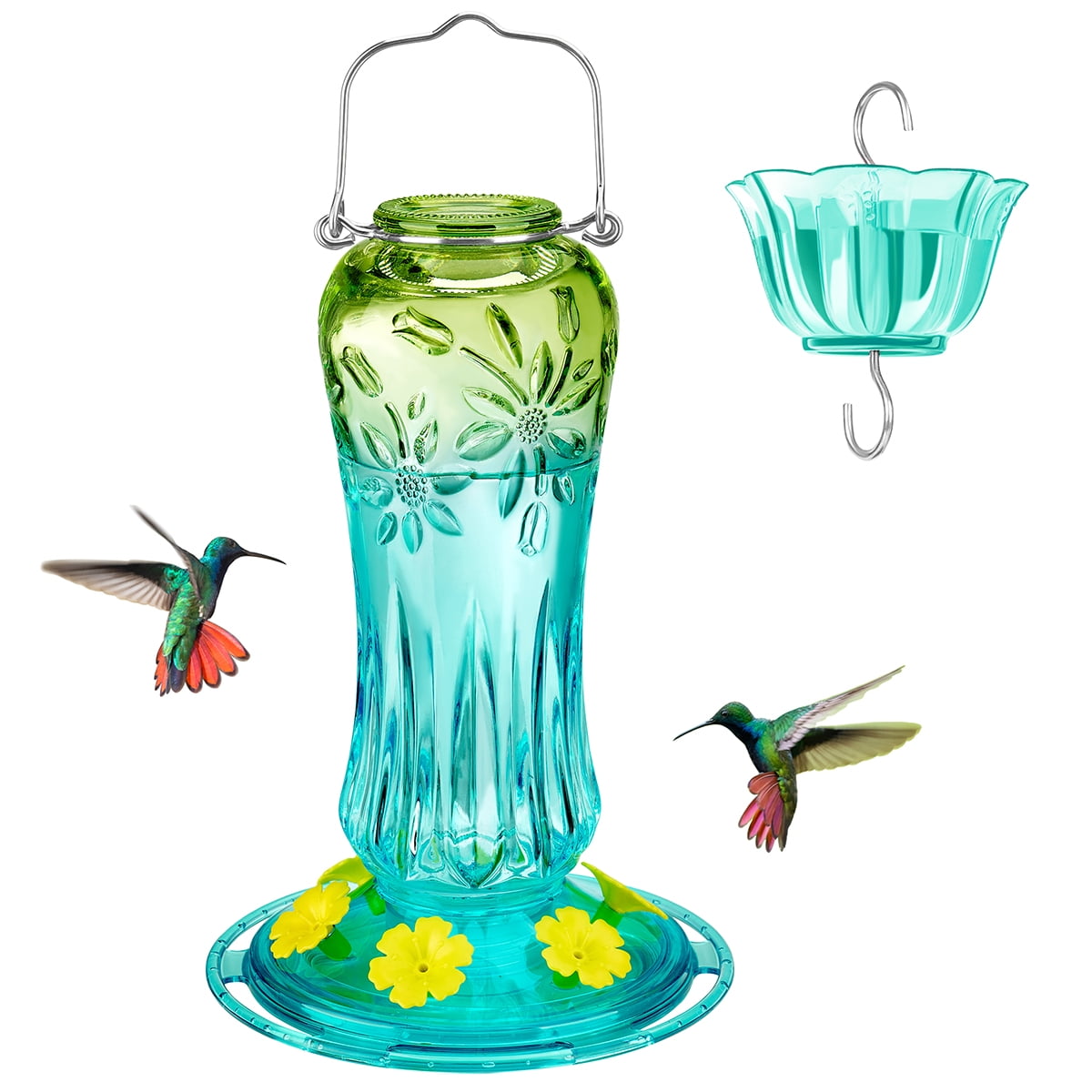 Kingsyard Hummingbird Feeder for Outdoors Hanging, 25 Ounces Leak Proof, Glass Humming Bird Nectar Feeder with Ant Moat & 6 Bee Guard Feeding Ports, Turquoise