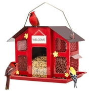 Kingsyard Metal Bird Feeder House for Outdoors Hanging, Triple Feeders for Finch Cardinal, Red