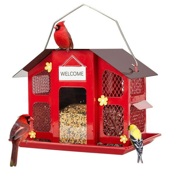 Kingsyard Metal Bird Feeder House for Outdoors Hanging, Triple Feeders for Finch Cardinal, Red