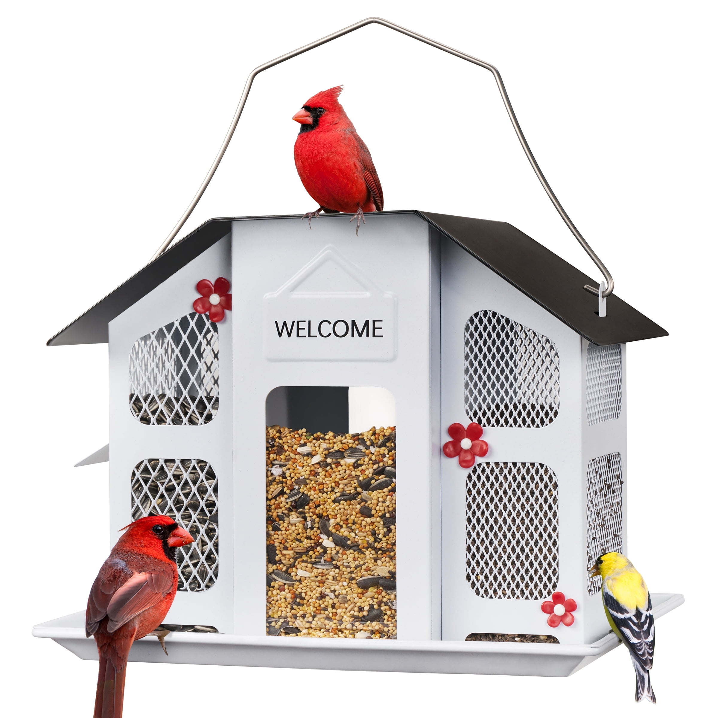 Kingsyard Metal Bird Feeder House for Outdoors Hanging, Triple Feeders for Finch Cardinal, White