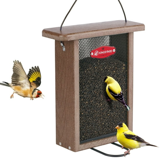 Kingsyard Metal Mesh Bird Feeder for Outdoors Hanging, Finch Feeder for Nyjer/Thistle, Sliding Mesh & Built-in Perch, Recycled Plastic, Brown
